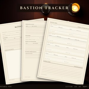 Utskrivbar DnD Bastion Tracker, 2024 års regler kompatibla med fästen i PDF-format, basledningslogg, anställningsregister för anläggning, brev i A4-format