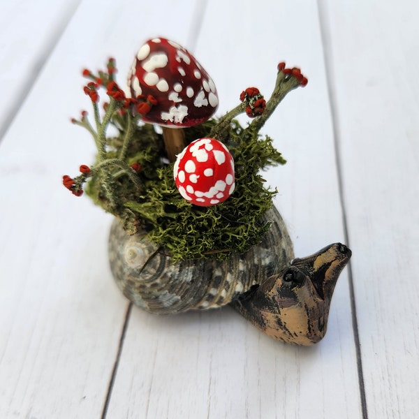 Miniature Snail with 2 red Aminita Mushrooms and Moss on his Shell,  Hand-Sculpted from Clay