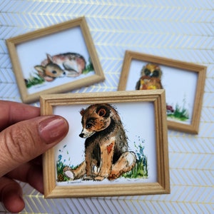 Set of 3 - Miniature Woodland Animal Dollhouse Pictures- Framed Dollhouse Wall Art