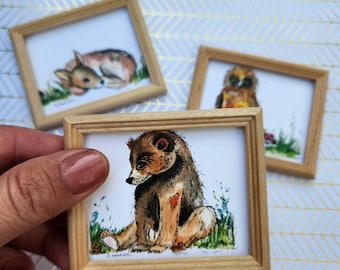 Set of 3 - Miniature Woodland Animal Dollhouse Pictures- Framed Dollhouse Wall Art