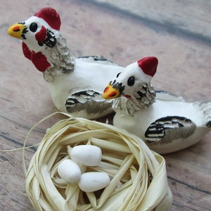 Set of 2 Miniature Chickens and Nest - Fairy Garden Chickens - Terrarium Chickens