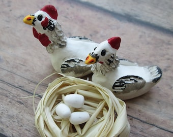 Hand-Sculpted Miniature Chickens and Nest: Fairy Garden Terrarium Decor