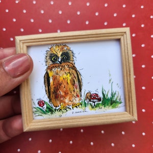 1 Miniature Owl Dollhouse Picture- Framed Dollhouse Wall Art