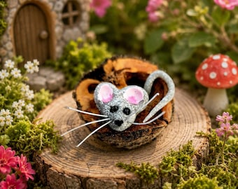 Miniature Mouse in Walnut Shell: Hand-Sculpted Fairy Garden Animal