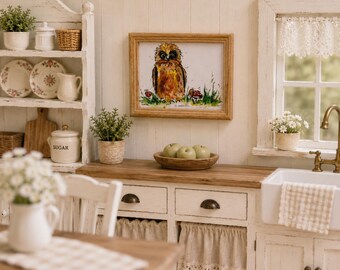 1 Miniature Owl Dollhouse Picture- Framed Dollhouse Wall Art