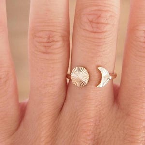 750 gold plated moon sun ring, adjustable ring gilded with 18 carat fine gold for women