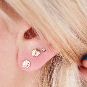 Petites Boucles d&#39;oreilles coquillages plaqué or 750, mono boucle ou paire de puces doré à l&#39;or fin 18 carats