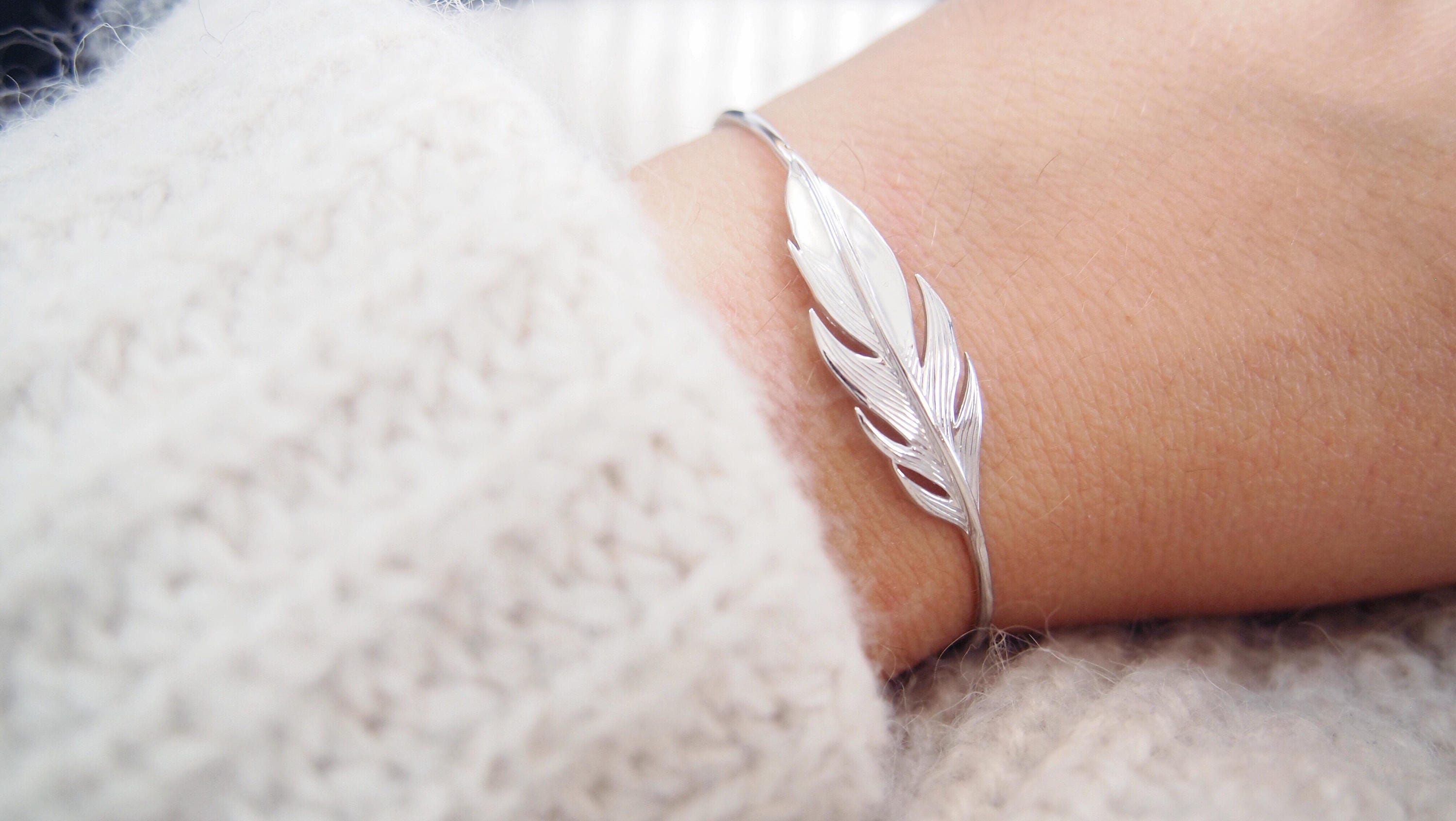 Sterling Silver Thin Elegant Feather Leaf Bangle with Hook Clasp