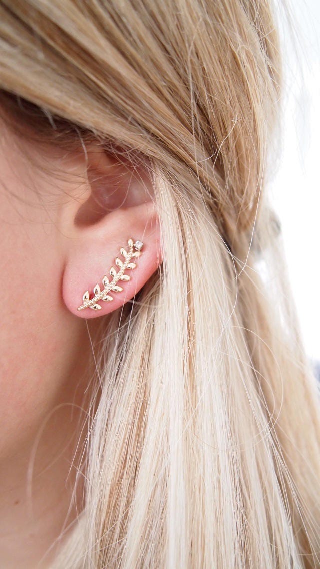 750 Gold Plated Rising Laurel Leaf Earrings, Single Earring