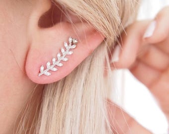 Laurel leaf earrings with zirconium oxides and sterling silver, single earring or pair of ear cuffs in 925 silver