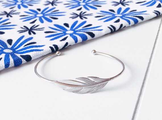 925 Silver Feather Bangle, Solid Silver Leaf Open Bracelet
