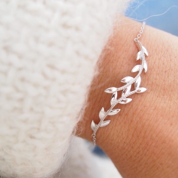 Bracelet fin feuille de laurier en argent massif, chaine épi de blé en argent 925 pour femme