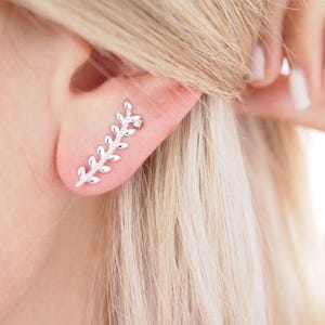 Laurel leaf earrings in solid silver, ear cuff, single earring or pair in 925 silver
