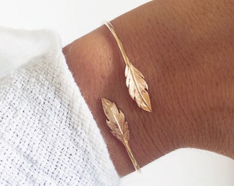 750 gold plated feather rush for women, bracelet cuff golden leaves with fine gold 18 carats