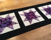 Modern quilted star table runner, purple black white table topper, star wall hanging, dresser runner, coffee table mat