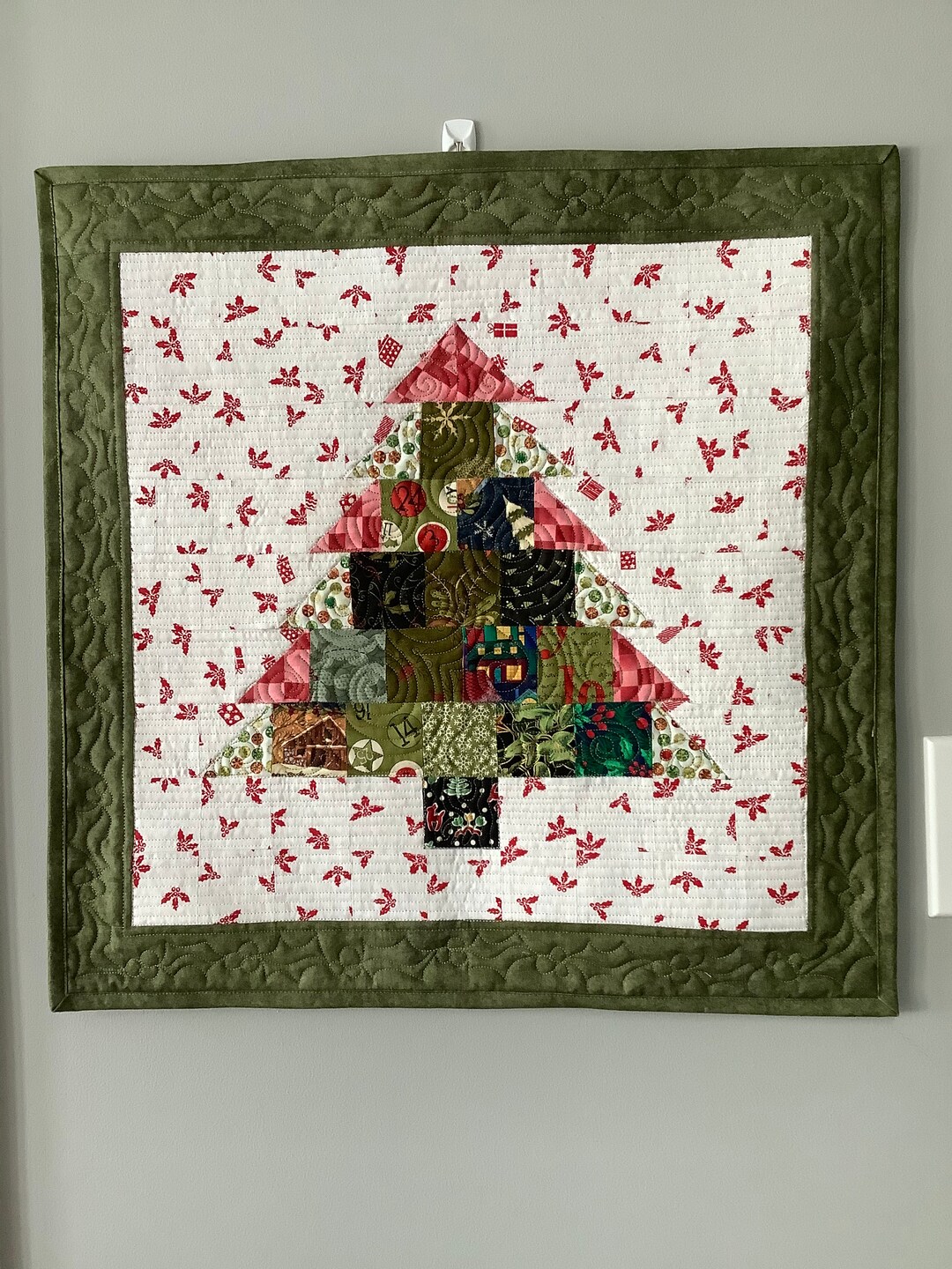 Quilted Christmas Tree Wall Hanging or Table Runner, Scrappy Country