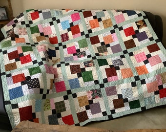 Double full size bed scrappy bed quilt, colorful handmade sofa throw, picnic quilt, cottage chic multi colour traditional blanket