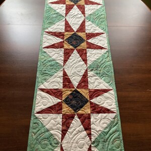 Peut inclure: Un chemin de table matelassé avec un motif en étoile éclatante dans des tons de rouge, vert, blanc et noir. Le chemin de table a un fond blanc avec une bordure verte et un motif en étoile éclatante répété au centre.
