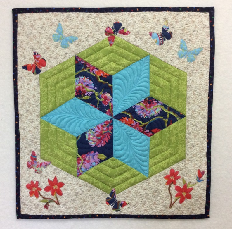 Star butterfly quilted wall hanging original design fibre wall art blue green quilted table topper appliqu\u00e9 floral butterfly quilt
