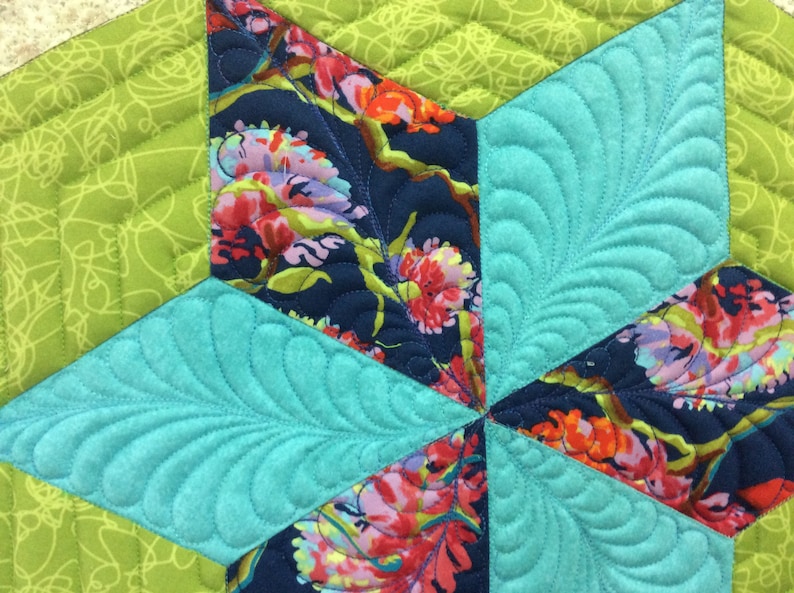 Star butterfly quilted wall hanging original design fibre wall art blue green quilted table topper appliqu\u00e9 floral butterfly quilt