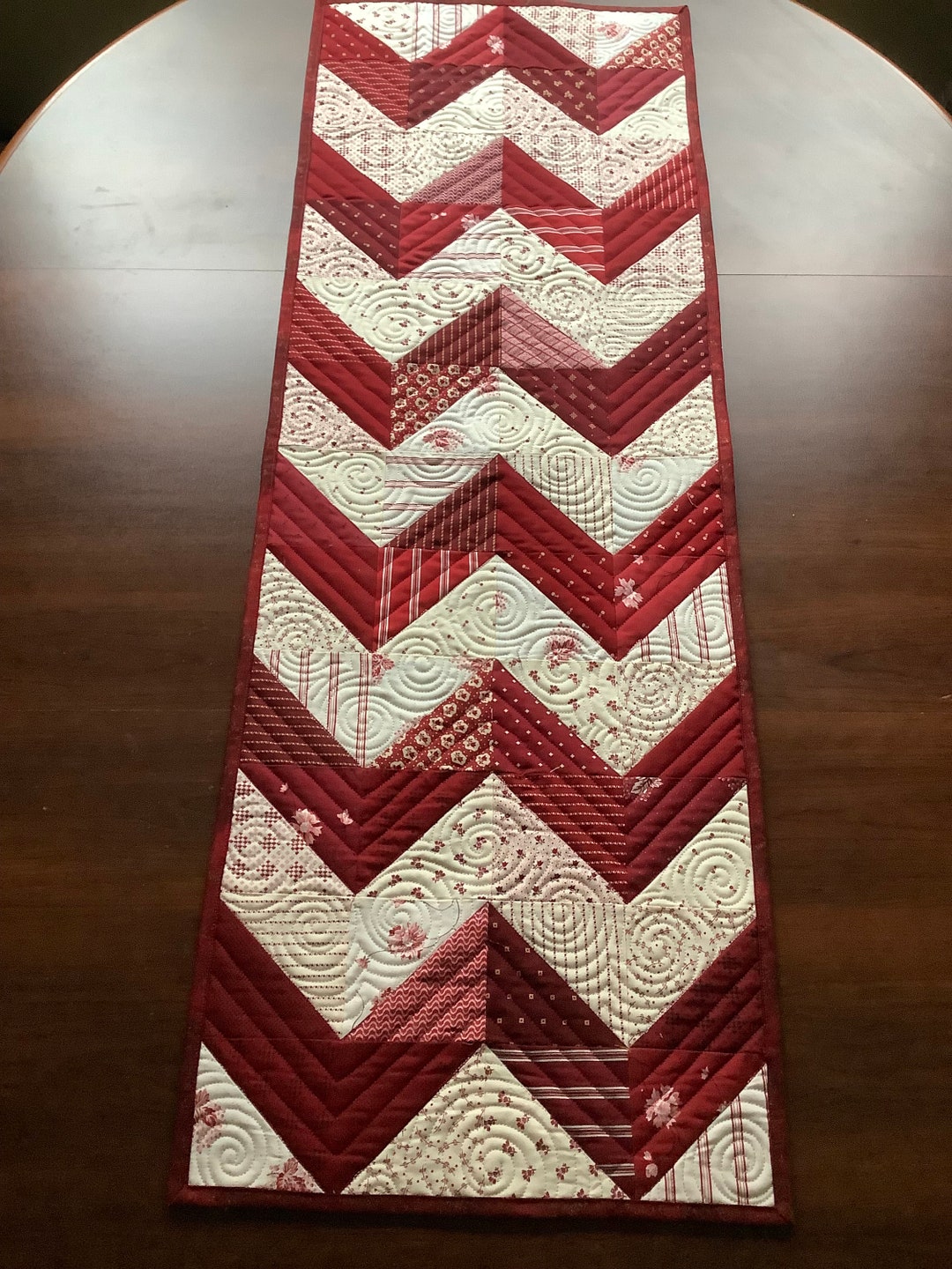 Red and Cream Quilted Table Runner or Wall Hanging in Modern Chevron ...