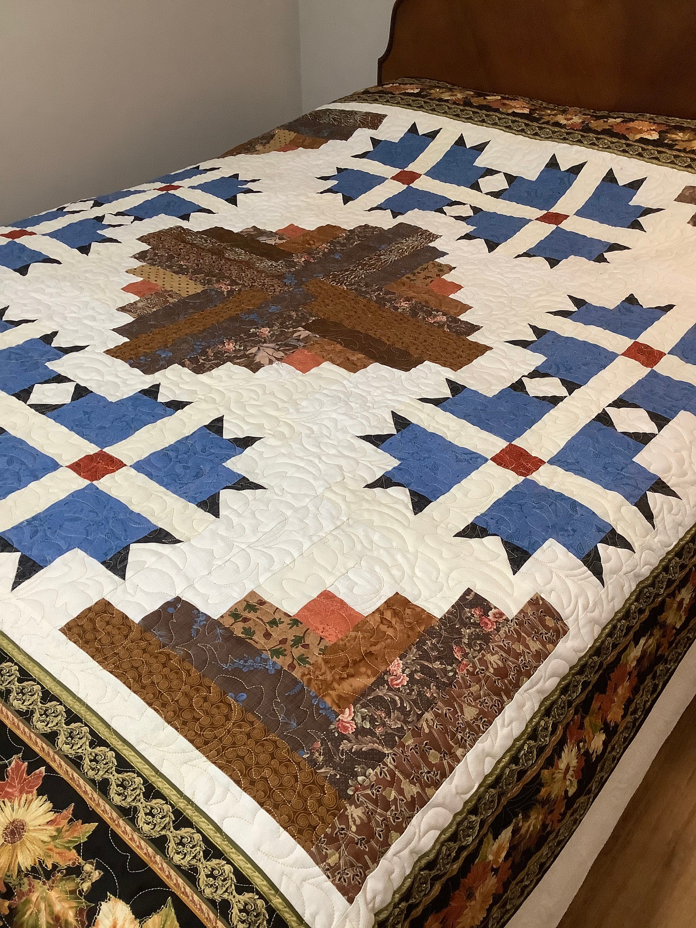 Traditional Bed Quilt in Blues, Browns and Cream, Single Twin Bed Size