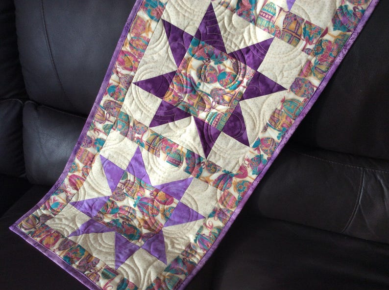 Quilted table runner, lavender and purple quilted table topper, Easter star fabric table decor, Easter egg small quilt, spring small quilt image 2