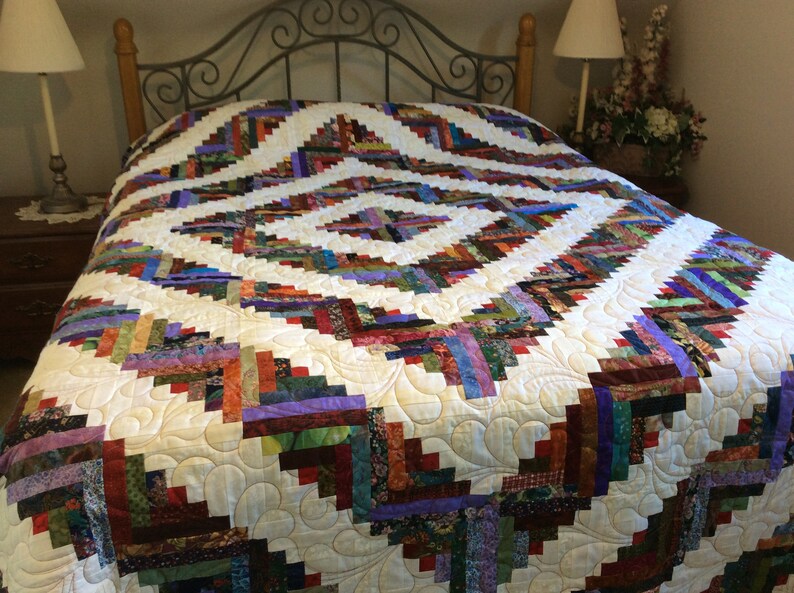 Queen Size Scrappy Bed Quilt Heirloom Log Cabin Quilt Large Etsy