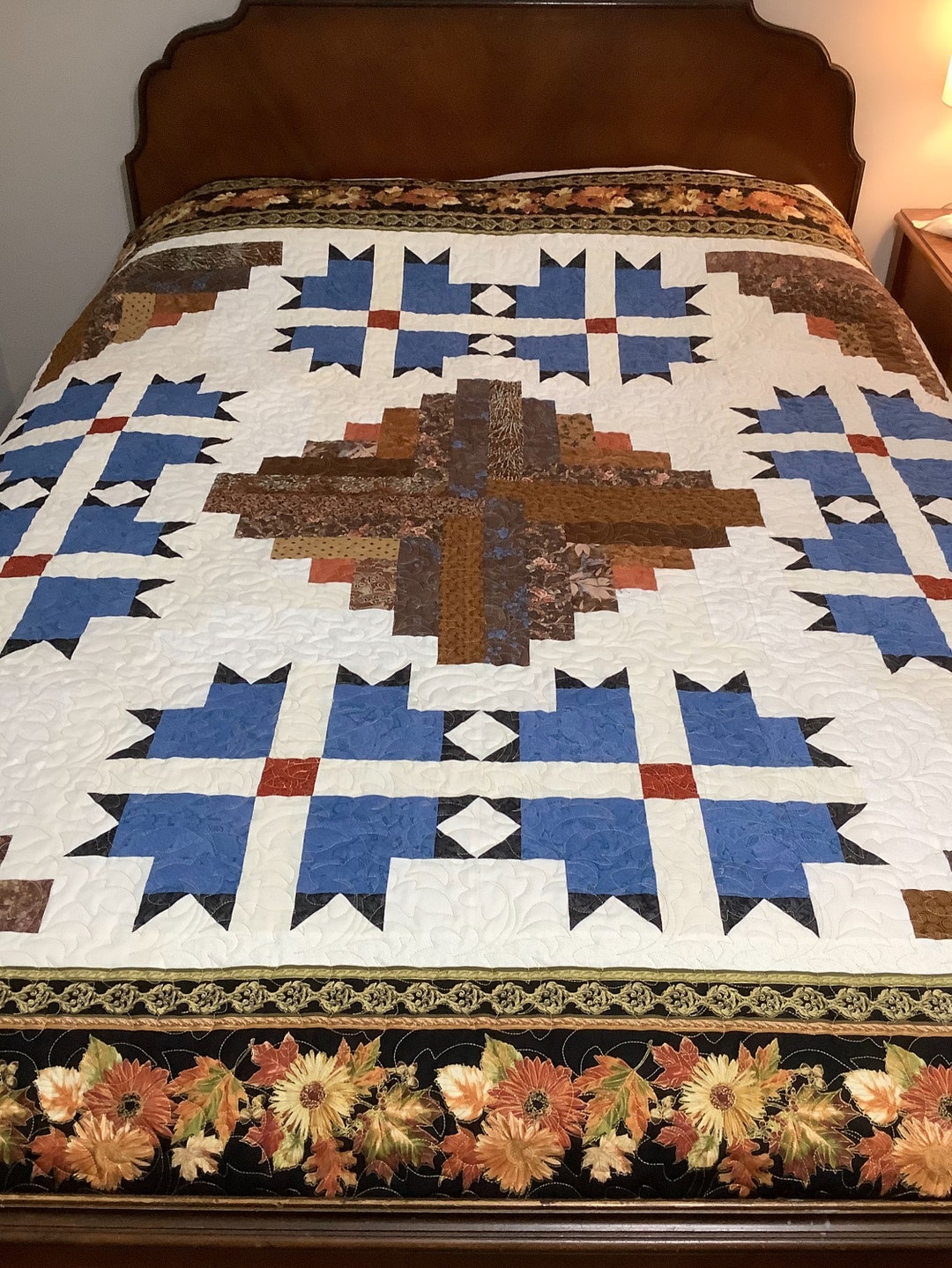 Traditional Bed Quilt in Blues, Browns and Cream, Single Twin Bed Size