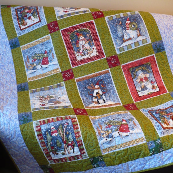 Snowman Lap Quilt, Machine Quilted Winter Wonderland, Christmas Bed Decor