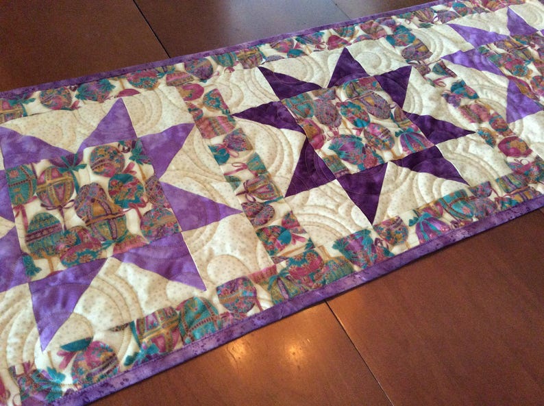 Quilted table runner, lavender and purple quilted table topper, Easter star fabric table decor, Easter egg small quilt, spring small quilt image 1