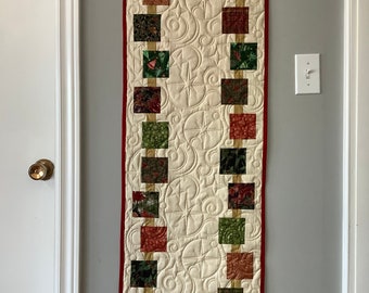 Christmas quilted table runner, long Fall table topper, Xmas wall hanging in cream with red, green ,black and gold squares, star table decor
