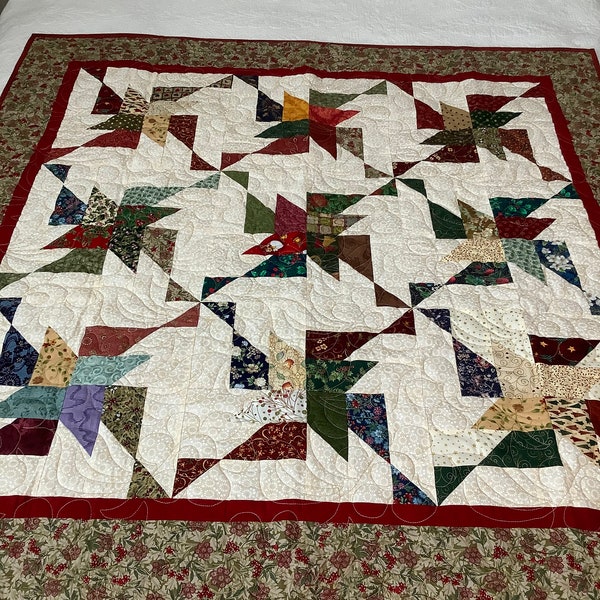 Scrappy Lap Quilt, throw, multi coloured blanket,burgundy accent cream background, picnic blanket, table topper, table decor. Crib quilt