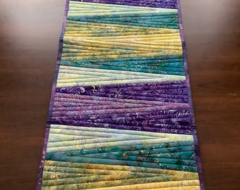 Colorful batik table runner in greens golds and purples, reversible with floral batik backing, summer or fall table mat, dresser runner