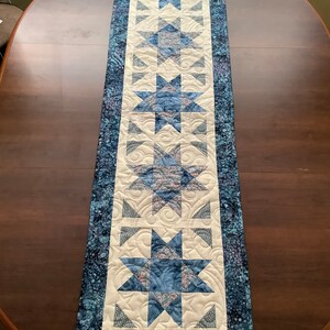 May include: A blue and white quilted table runner with a star pattern. The runner has a blue border with a white background and a blue star pattern in the center.