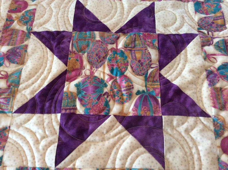 Quilted table runner, lavender and purple quilted table topper, Easter star fabric table decor, Easter egg small quilt, spring small quilt image 4