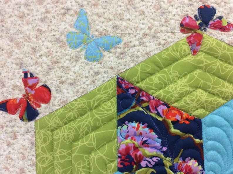 Star butterfly quilted wall hanging original design fibre wall art blue green quilted table topper appliqu\u00e9 floral butterfly quilt