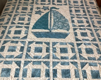 Boat quilt in blue greens and cream, twin bed size or a topper for a boule, large lap quilt,  quilted with waves and fishes, sailboat