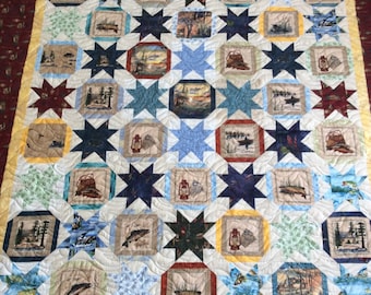 Fishing Theme Lap Quilt, Cottage Lakeside Cabin Decor