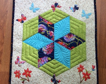 Star butterfly quilted wall hanging, blue green quilted table topper, original design fibre wall art, appliqué floral butterfly quilt