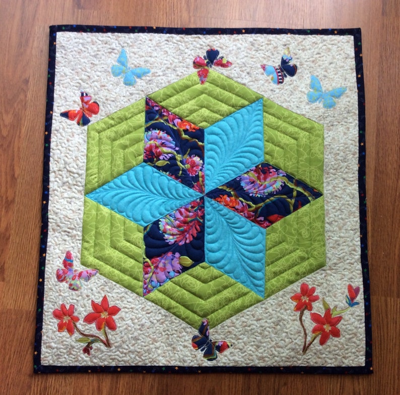 Star butterfly quilted wall hanging original design fibre wall art blue green quilted table topper appliqu\u00e9 floral butterfly quilt