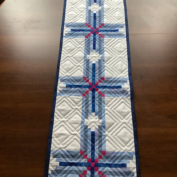 Modern quilted table runner or wall hanging in white, blue and hot pink. Long harvest table mat, reversible with sailboats and lighthouses