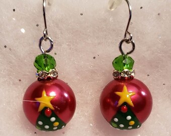 Christmas Ornament Earrings, Holiday Earrings, Hand Painted, Christmas Accessories, Gift