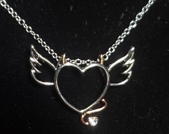Little Devil Gold & Silver Heart Horns Tail Necklace Pendent Jewellery Gift Bag 