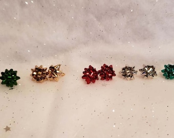 Christmas Bow Stud Earrings, Metallic shiny earrings, post back stud earrings, Holiday Jewelry