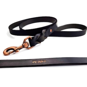 マットブラックレザー犬用リード - 水牛革、カスタムペットリード、銅製スイベルスナップ、犬好きへのギフト - 送料無料