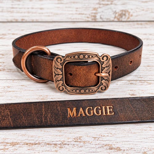 Crazy Horse Leather Dog Collar: Personalized Water Buffalo Copper Hardware - NEW BUCKLE Design