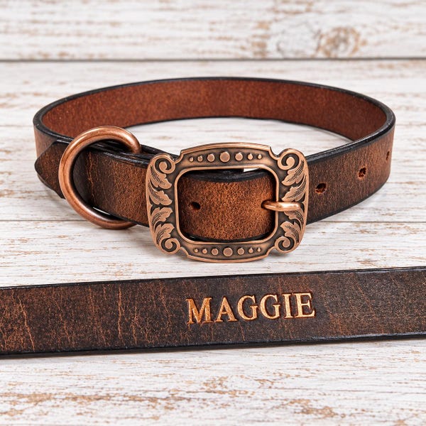 Crazy Horse Leather Dog Collar: Personalized Water Buffalo Copper Hardware - NEW BUCKLE Design