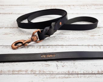Black Leather Dog Leash: Water Buffalo Leather, Copper or Gold Hardware, Custom Pet Name