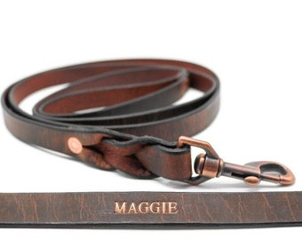 Personalized Leather Dog Leash - Water Buffalo Leather, Custom Pet Leash, Copper Swivel Snap, Dog Lover Gift - FREE Shipping